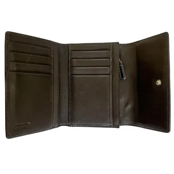 Coach Signature Gray Monogram Jacquard Brown Leather Trim Trifold Wallet Y2K - Picture 4 of 12